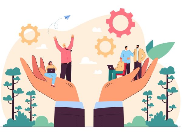 Hands holding team of tiny business persons. Social help or support for workplace community flat vector illustration. Employee care, wellbeing, people management concept for banner, website design