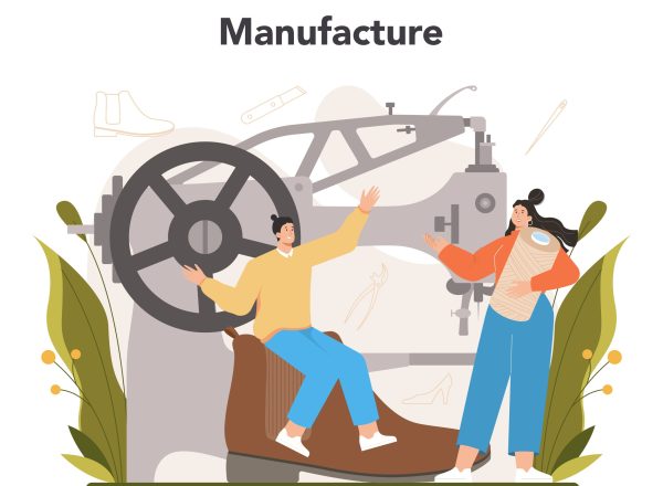 Shoemaker concept. Craftsman wearing an apron mending shoe. Handmade shoes manufacturing, cobbler profession. Isolated vector illustration