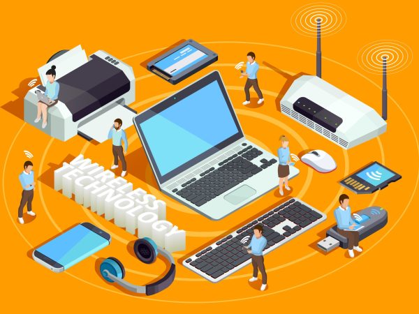 Wireless technology electronic devices isometric composition poster with laptop printer smartphone router and users orange background vector illustration